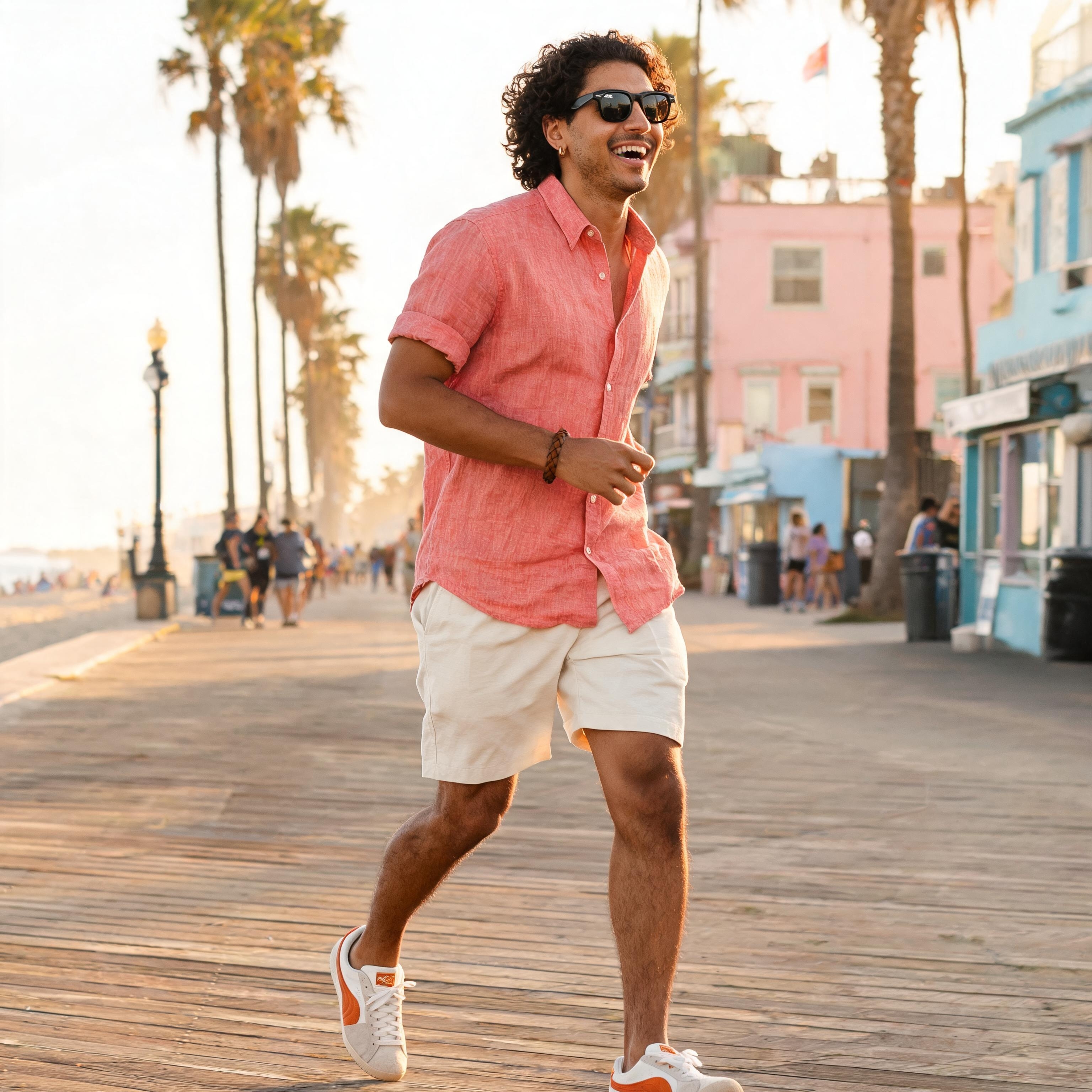 SKIPIKS AI 패션 화보 — casual, beachwear — 코랄색 리넨 셔츠와 베이지 반바지가 어우러져 여름 해변의 싱그러움을 전해줍니다. 가볍고 편안한 스니커즈로 활동성을 더하며, 선글라스로 스타일리시