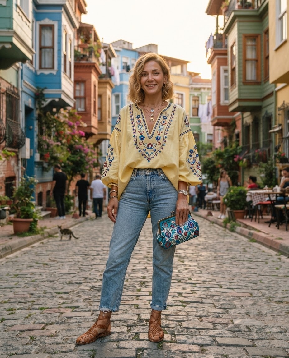 SKIPIKS AIファッション写真 — bohemian, feminine, vintage — 華やかな黄色の刺繍ブラウスがロマンティックな雰囲気を加えています。ヴィンテージスタイルのジーンズとブラウンのサンダルを合わせて、快適でありながらスタイリッシュな