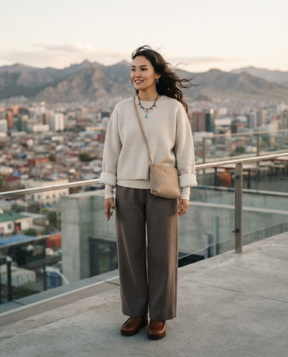 SKIPIKS AI时尚大片 — minimalist, casual — 这个造型在自然的城市风景中融合了舒适与优雅。象牙色毛衣与灰色宽裤的组合带来温暖与舒适，搭配乐福鞋，完成简约风格。这是一款推荐的日常穿搭，随时随地都能轻松穿着。