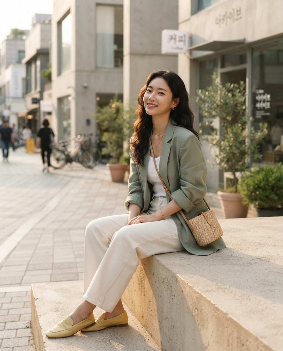 SKIPIKS AI 패션 화보 — chic, casual — 연두색 블레이저와 아이보리 바지의 조합이 산뜻한 봄의 분위기를 물씬 느끼게 해줘요. 크로스백을 매치해 실용성을 더하고, 노란색 로퍼로 스타일에 