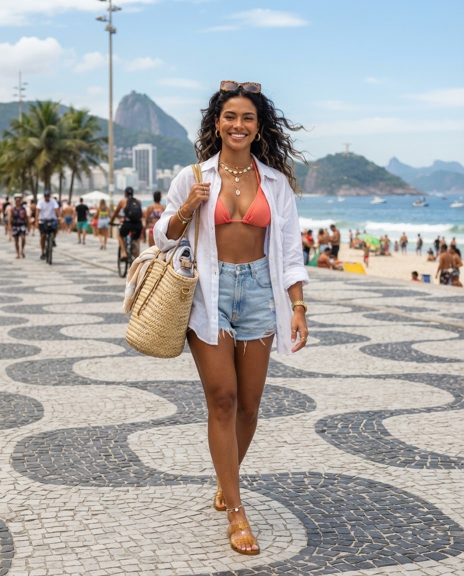 SKIPIKS AI 패션 화보 — beachwear, resortwear, casual — 이 룩은 해변에서의 여유롭고 시원한 무드를 연출합니다. 살구색 비키니 탑과 흰색 셔츠의 조합이 상쾌한 매력을 더해요. 데님 반바지로 캐주얼한 느