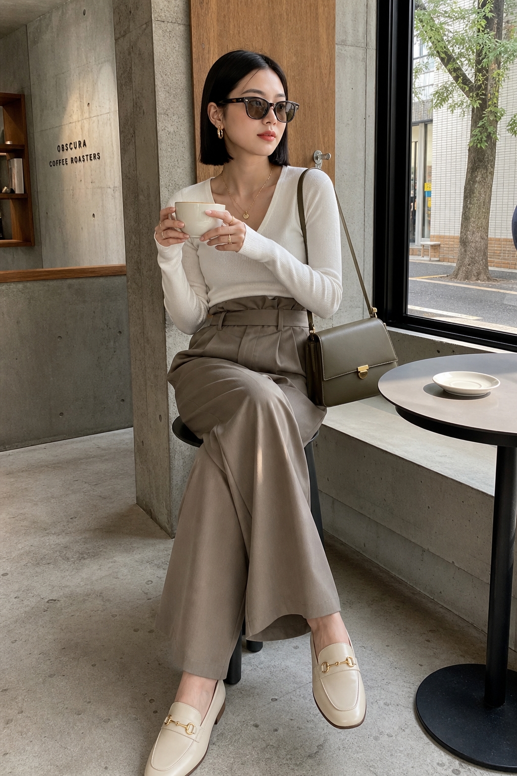 SKIPIKS AI fashion editorial — minimalist, feminine, sophisticated — This sophisticated outfit highlights the harmony of subtle beige and clean white