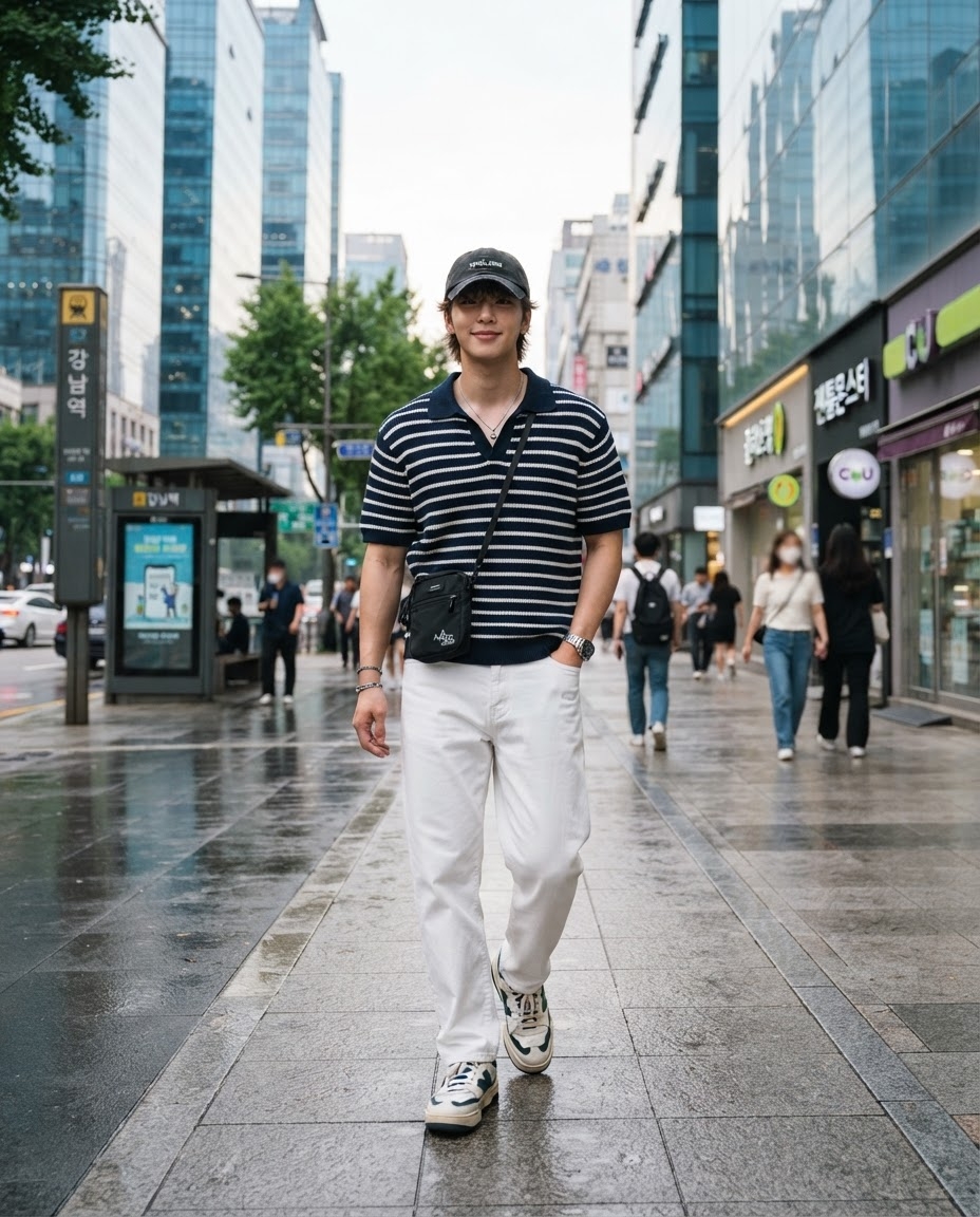 SKIPIKS AIファッション写真 — streetwear, casual — ネイビーのストライプシャツとホワイトパンツを組み合わせて、クリーンで爽やかな夏の雰囲気を演出しましょう。クロスボディバッグを合わせることで、実用的でありながらス