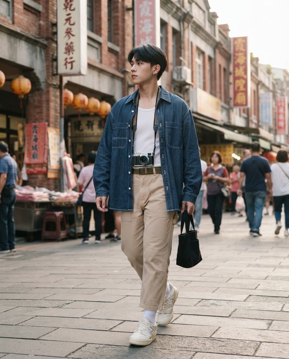 SKIPIKS AIファッション写真 — casual, classic, streetwear — デニムシャツとベージュのカーゴパンツで構成されたルックは、快適さと洗練さを兼ね備えています。ホワイトタンクトップが清潔感を加え、ブラックトートバッグが実用的なポ