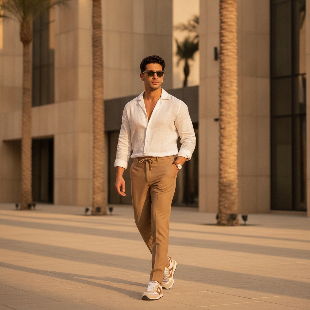 SKIPIKS AI fashion editorial — sophisticated, minimalist — This is a chic summer look completed with a white shirt and beige pants. Pair it