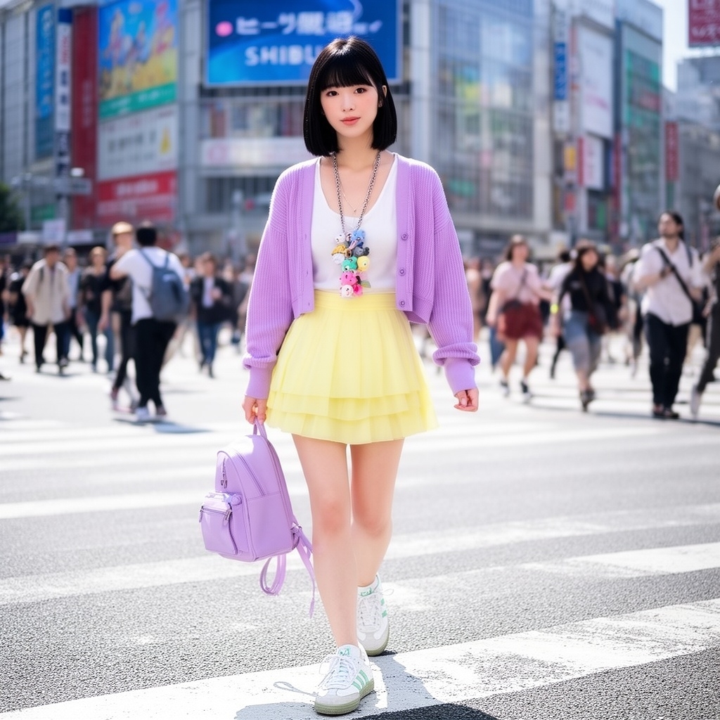 SKIPIKS AI 패션 화보 — colorful, streetwear — 라벤더 가디건과 옐로 스커트로 완성된 이 룩은 봄의 상큼함을 그대로 담았어요. 컬러풀 목걸이와 함께 매치하여 경쾌한 분위기를 연출해보세요. 데일