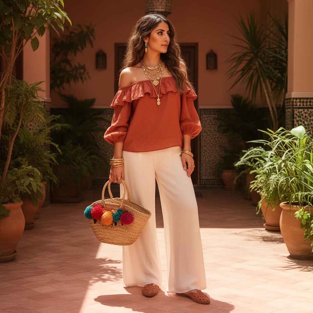 SKIPIKS AI 패션 화보 — bohemian, feminine, casual — 테라코타 컬러의 오프숄더 블라우스와 아이보리 와이드 팬츠가 자연스러움을 더해주는 보헤미안 느낌을 연출해요. 라탄 토트백과 골드 악세서리가 이국적