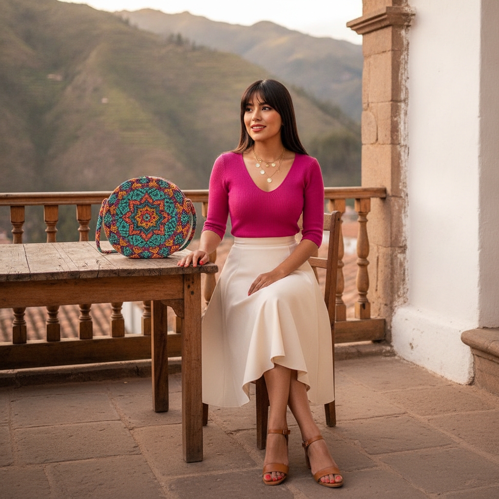 SKIPIKS AI fashion editorial — feminine, chic — This style features a vibrant pink knit paired with a soft white skirt, creating