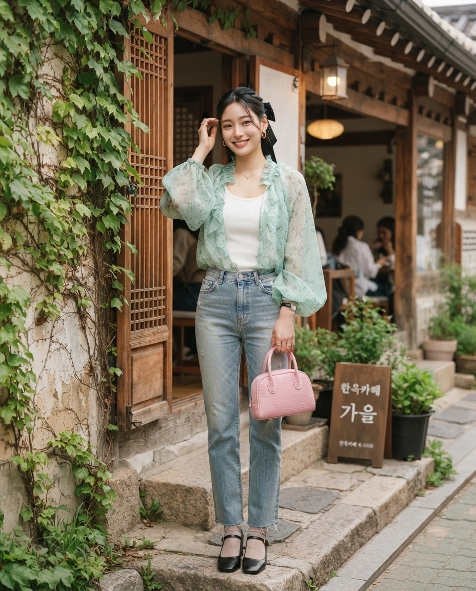 SKIPIKS AIファッション写真 — feminine, vintage — ミント色のシアーブラウスとハイウエストデニムが出会い、爽やかな春の雰囲気を演出します。ホワイトトップでトーンを揃え、ピンクのハンドバッグでポイントを加えてみてく