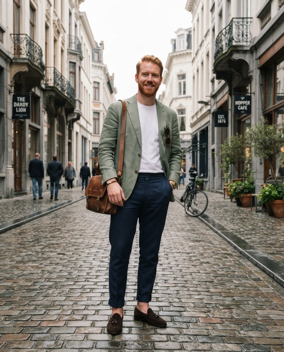 SKIPIKS AI fashion editorial — smartcasual, streetwear — This semi-casual look highlights the harmony of an olive green blazer and navy p