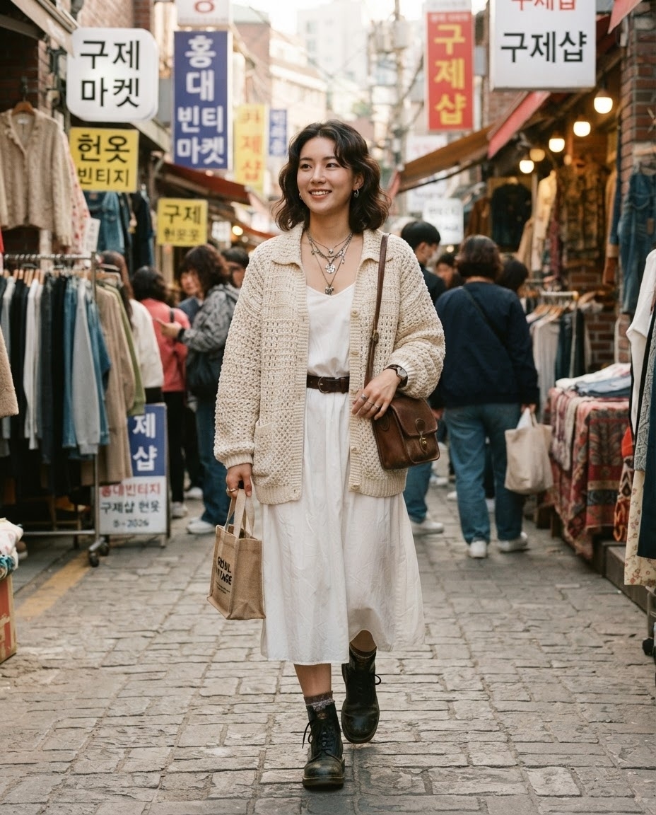 SKIPIKS AI时尚大片 — vintage, bohemian, casual — 奶油色针织开衫与白色连衣裙的组合营造出复古而舒适的氛围。搭配棕色单肩包和工装风格靴子，增添复古魅力。推荐在旧货市场或弘大的街道上悠闲地享受秋日散步。