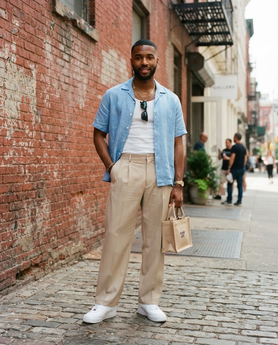 SKIPIKS AI 패션 화보 — minimalist, streetwear, casual — 하늘색 린넨 셔츠와 베이지 슬랙스가 여유롭고 시원한 무드를 자아내는 룩이에요. 민소매 티셔츠와 흰색 스니커즈는 여름에 가볍고 편안하게 착용하기 