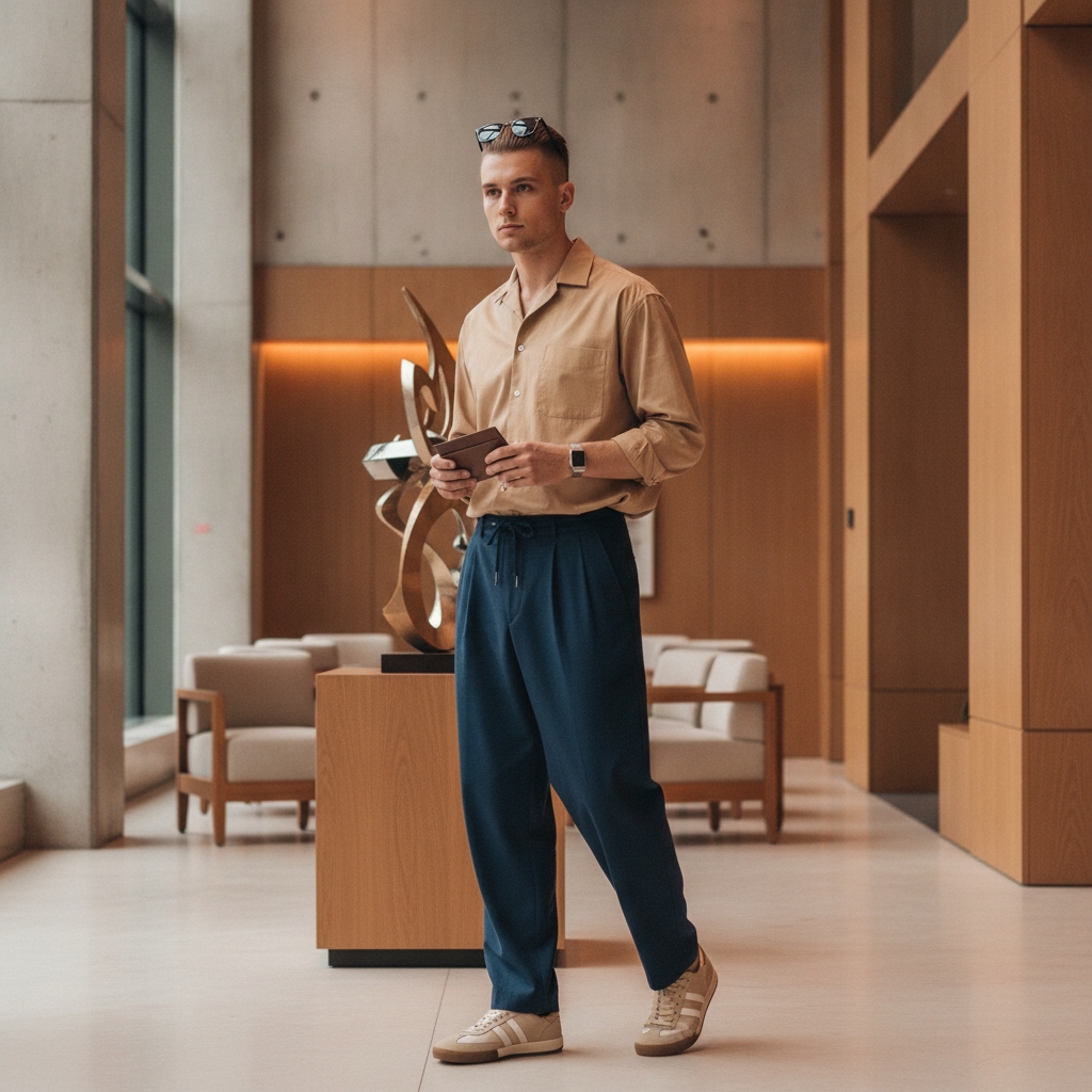 SKIPIKS AI fashion editorial — minimalist, modern, casual — The combination of a beige shirt and navy pants creates a sophisticated and eleg
