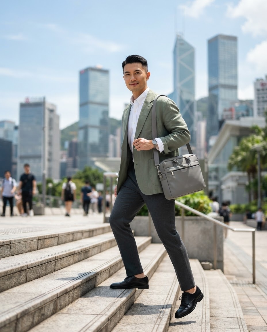 SKIPIKS AI 패션 화보 — modern, business, minimalist — 산뜻한 카키색 재킷과 깔끔한 흰색 셔츠의 조합이 도시적인 감성을 선사합니다. 슬랙스와 더비 슈즈로 세련된 오피스룩을 완성해보세요. 크로스백과 시