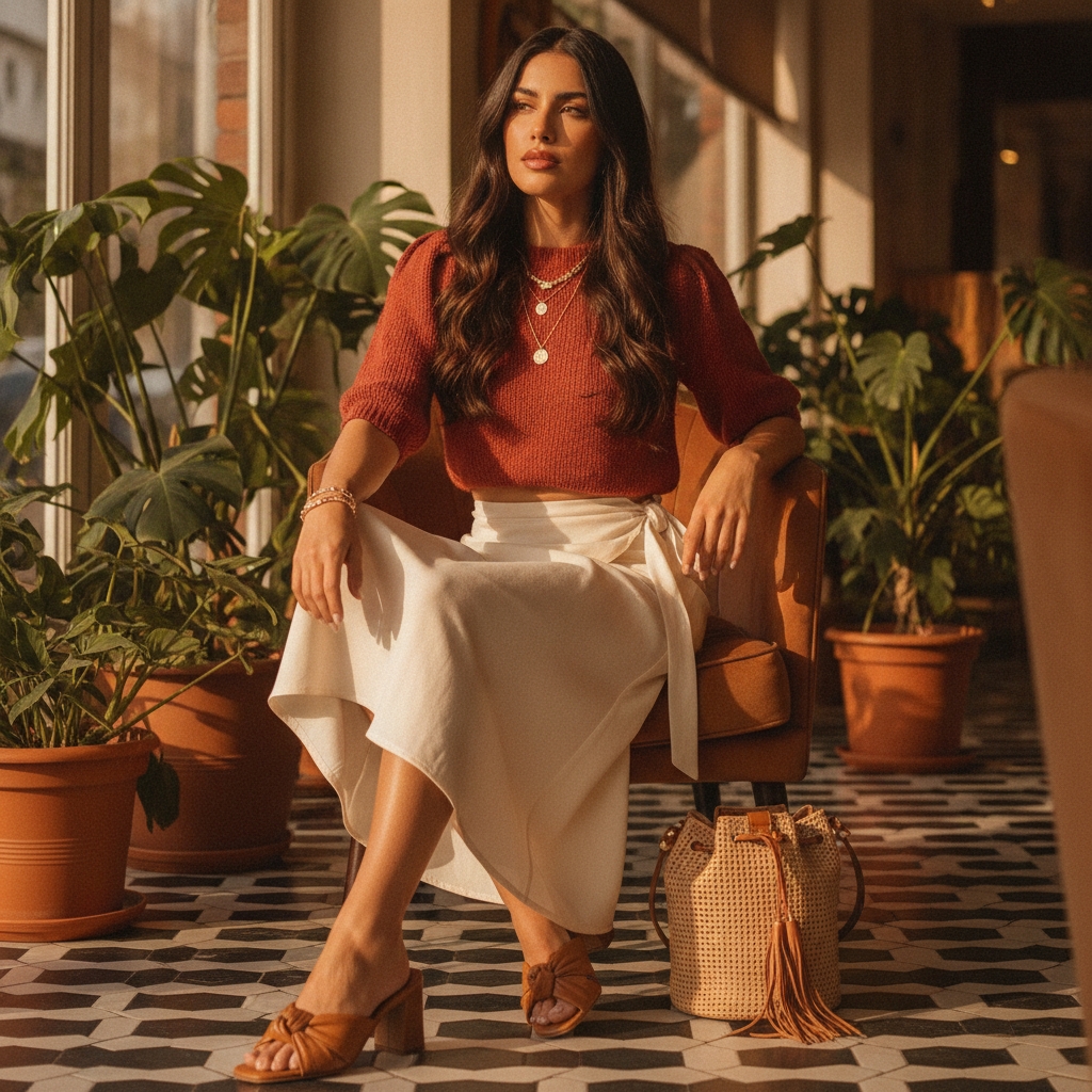 SKIPIKS AI fashion editorial — elegant, chic — Create an elegant atmosphere with the harmony of terracotta-colored knitwear and