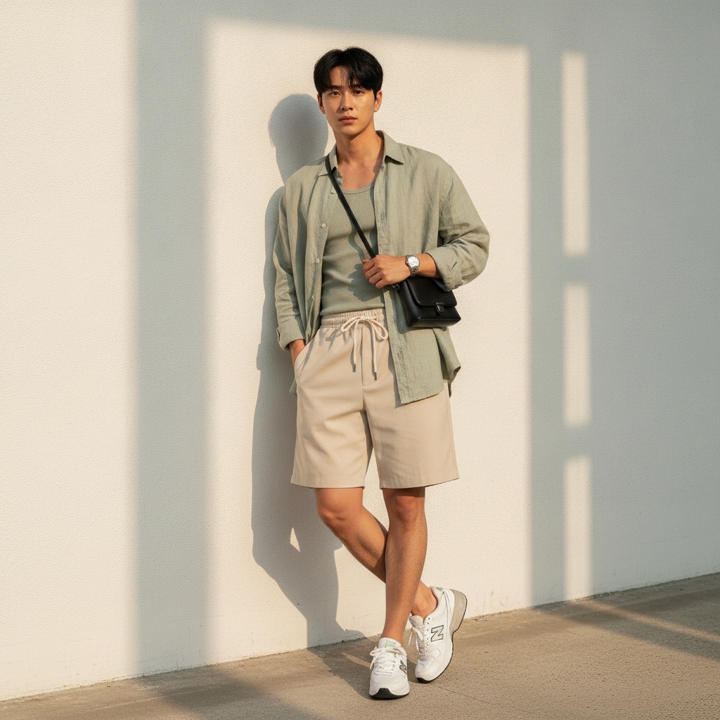 SKIPIKS AIファッション写真 — casual, minimalist — カーキ色のシャツとベージュのショートパンツが自然な夏のムードを演出します。涼しげなカラーが爽やかな印象を与え、クロスボディバッグが実用性をプラスします。日常の快