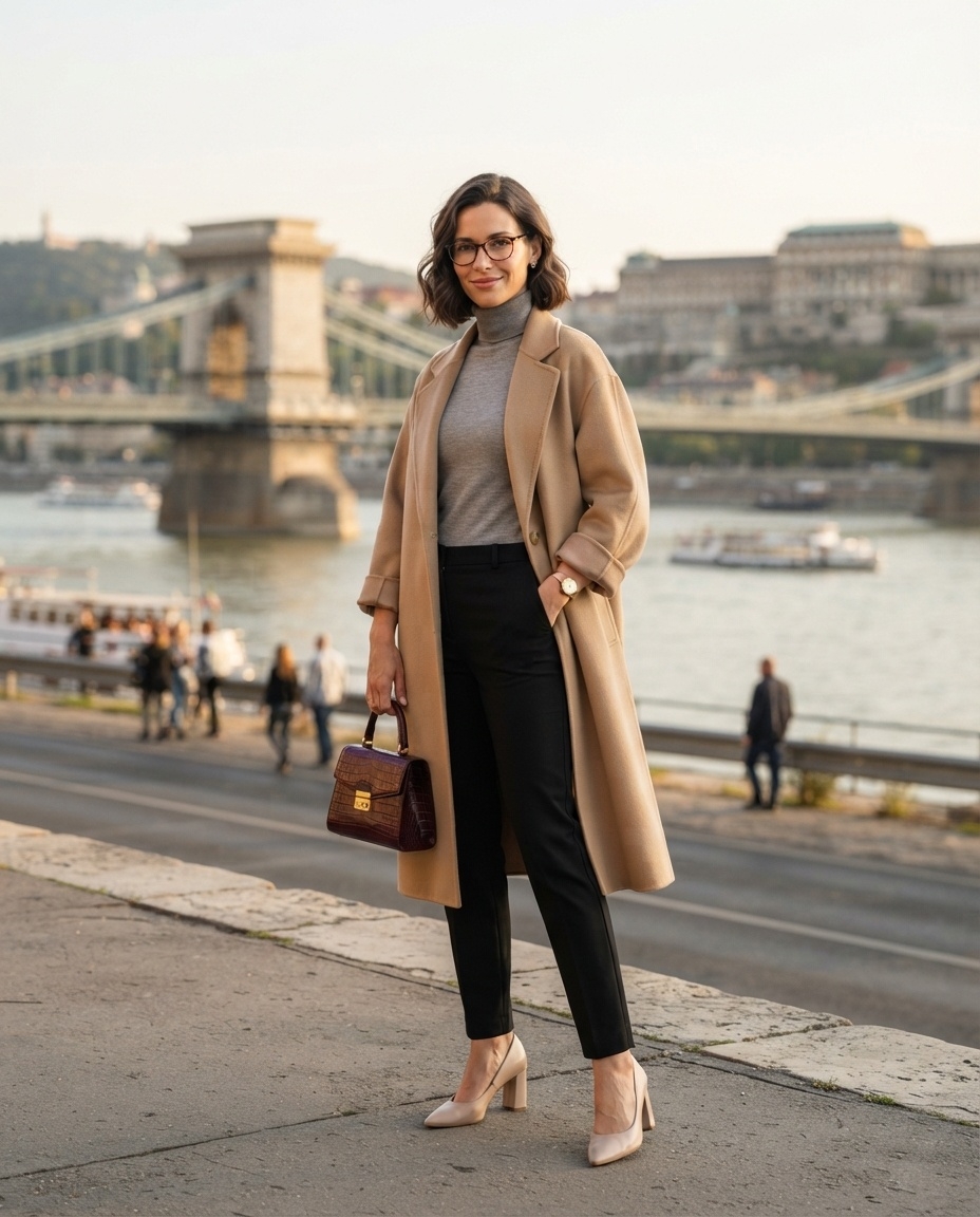 SKIPIKS AIファッション写真 — chic, modern, office — ベージュのコートとグレーのタートルネックニットで洗練された雰囲気を演出しましょう。バーガンディのハンドバッグが色のポイントを加え、ゴールドの時計が高級感をプラス