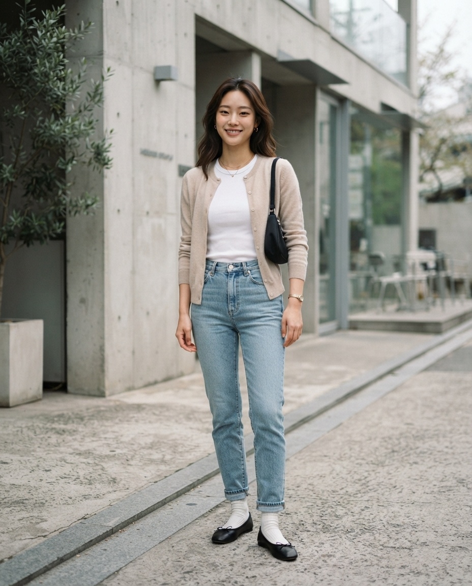 SKIPIKS AI时尚大片 — minimalist, casual — 米色开衫和蓝色牛仔裤营造出一种捕捉春季清新感的极简风格。搭配白色T恤和黑色乐福鞋，增添干练感。这种搭配适合日常穿着或轻松外出和咖啡聚会。