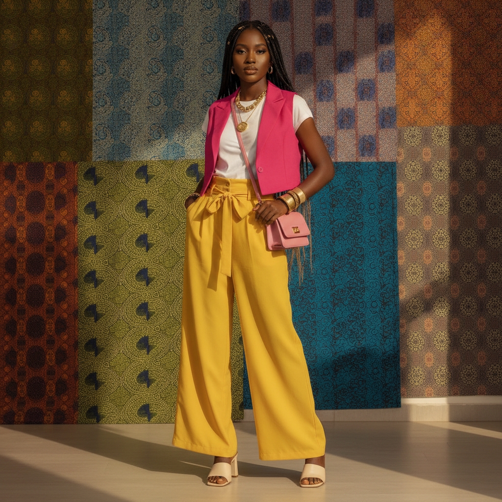 SKIPIKS AI fashion editorial — colorful, vintage, chic — Create a stylish look with a vivid color palette featuring a pink vest and yello