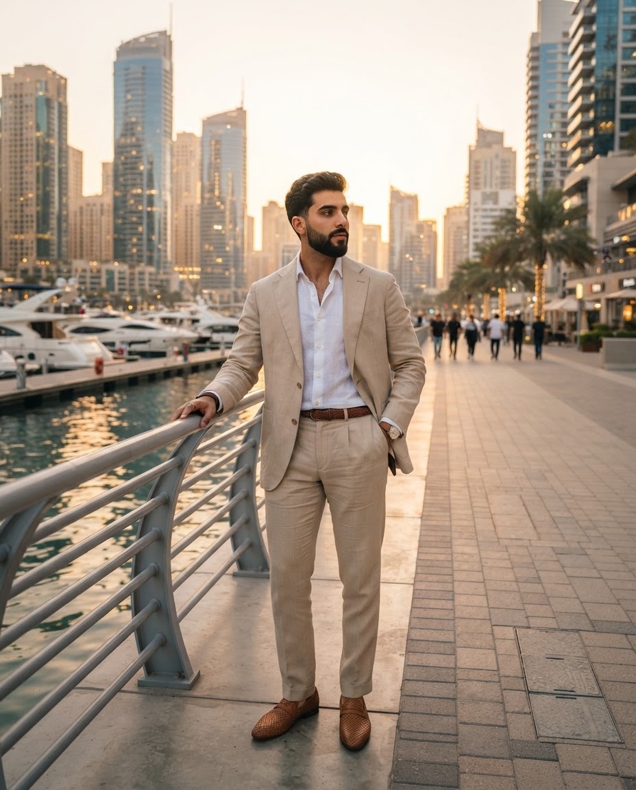 SKIPIKS AI fashion editorial — smart, modern — This modern business look highlights a soft harmony of beige and white. Complete