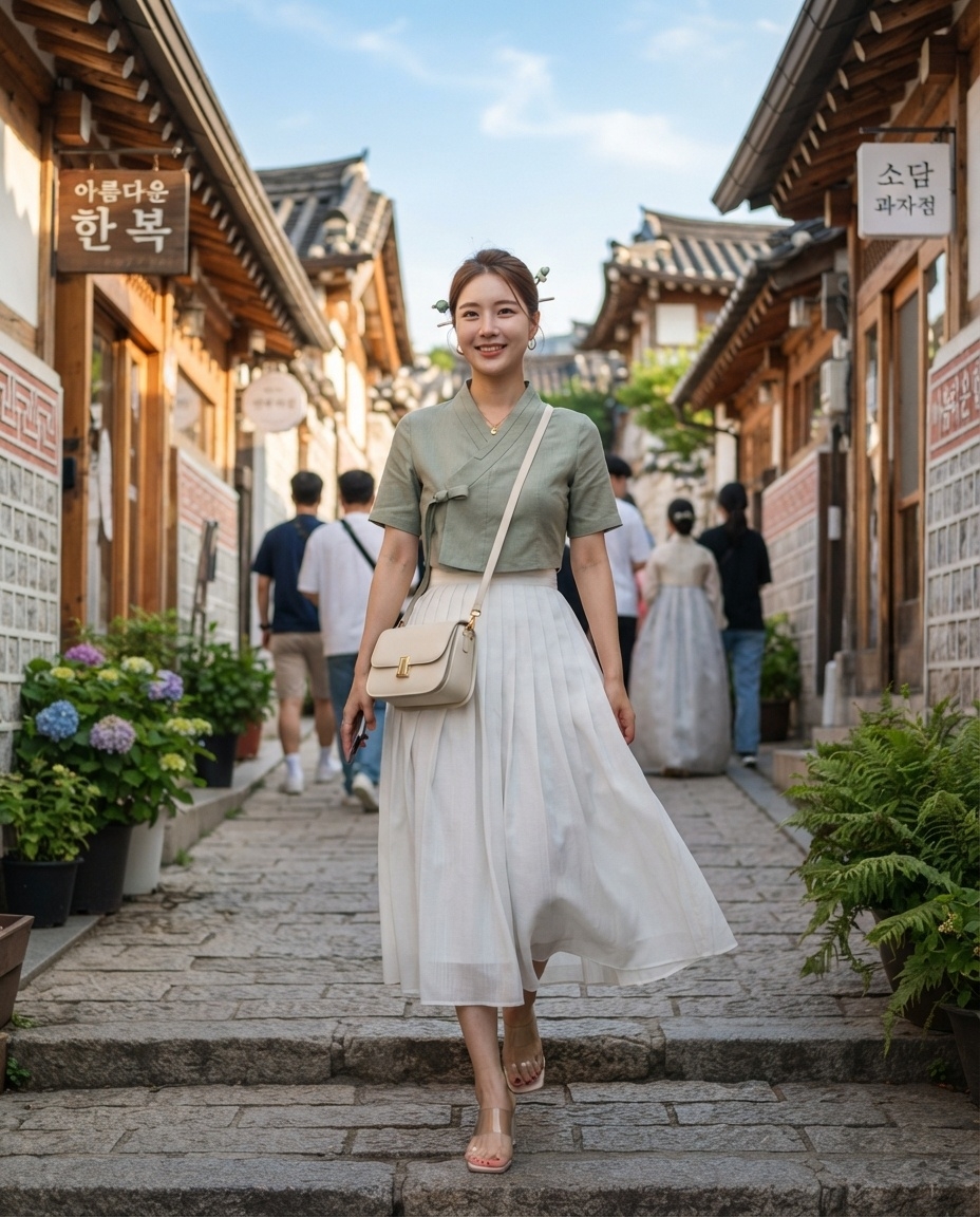 SKIPIKS AI fashion editorial — traditional, modern — This look combines modern sensibilities with traditional Hanbok style, allowing 