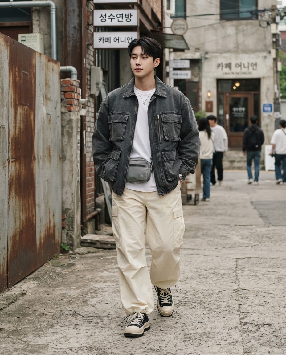 SKIPIKS AIファッション写真 — casual, minimalist — グレーのジャケットとクリーム色のパンツを組み合わせて、落ち着きながらも洗練されたムードを演出しましょう。Tシャツとネックレスでシンプルさを加え、ウエストバッグで