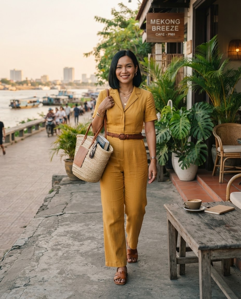 SKIPIKS AI时尚大片 — chic, casual, cityscape — 温暖的芥末色连体裤为夏日营造出轻快而优雅的氛围。搭配藤编手提包，展现自然风格，再用棕色凉鞋统一整体造型。这套搭配非常适合城市轻松出行或海边散步。
