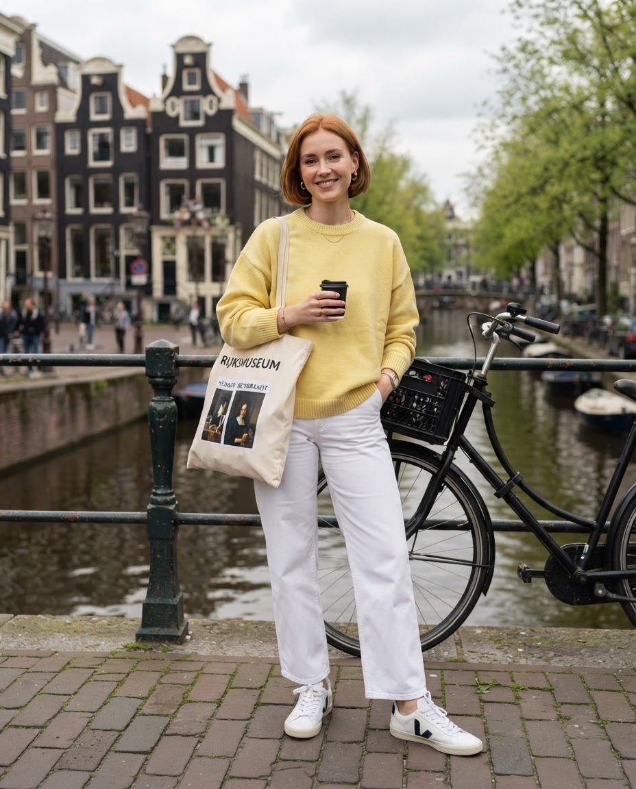 SKIPIKS AI 패션 화보 — casual, chic — 따스한 봄날에 어울리는 노란색 니트 스웨터가 눈길을 사로잡는 룩입니다. 기본 흰색 팬츠로 상큼하면서도 미니멀한 분위기를 연출해보세요. 여기에 빈