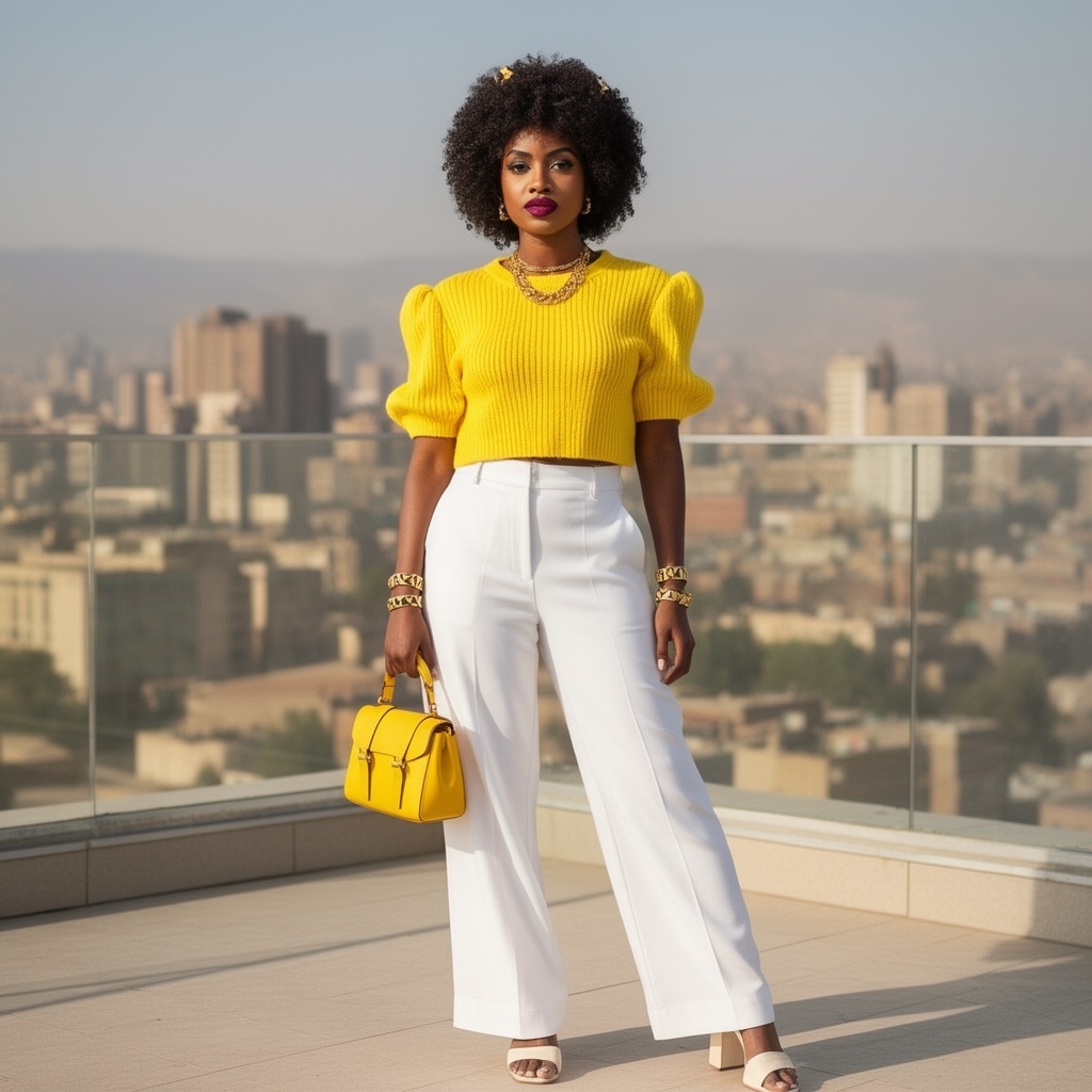 SKIPIKS AIファッション写真 — bold, contemporary, chic — 黄色のパフスリーブと白のワイドパンツが洗練された視覚的コントラストを生み出します。ゴールドのアクセサリーがポイントになり、色合いが調和するセーターとハンドバッグ
