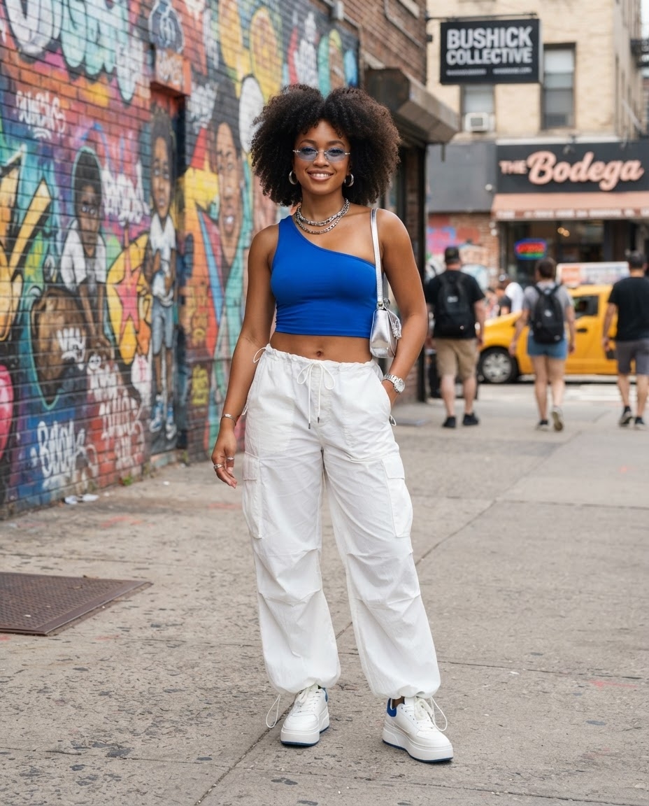 SKIPIKS AI fashion editorial — streetwear, casual — This look combines a blue one-shoulder crop top with white cargo pants, creating