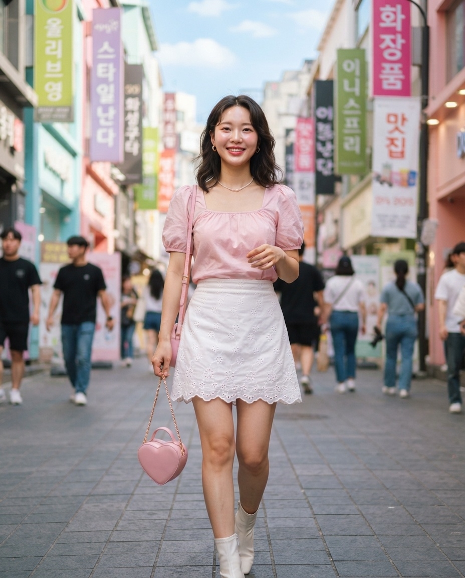 SKIPIKS AI fashion editorial — feminine, cute, romantic — The harmony of pink and white creates a soft and lovely atmosphere. Add a heart-
