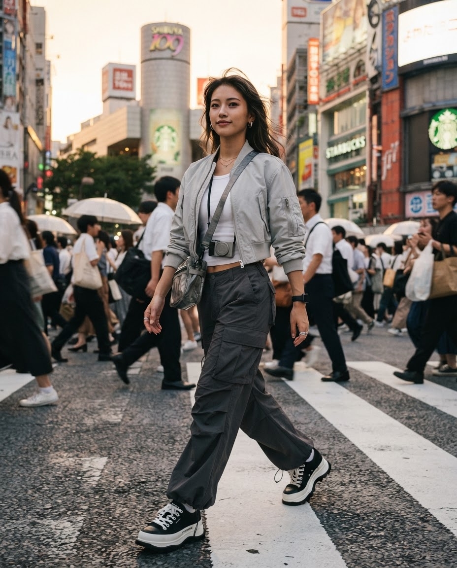 SKIPIKS AI时尚大片 — streetwear, casual — 用干练的灰色轰炸机夹克和工装裤完成你的城市街头时尚。搭配斜挎包和运动鞋，增添舒适感。这个造型非常适合日常穿着，推荐用于轻松出门或与朋友见面。