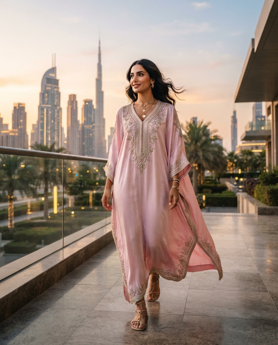 SKIPIKS AI fashion editorial — feminine, bohemian — This soft light pink dress exudes an elegant and romantic vibe. Pair it with gol
