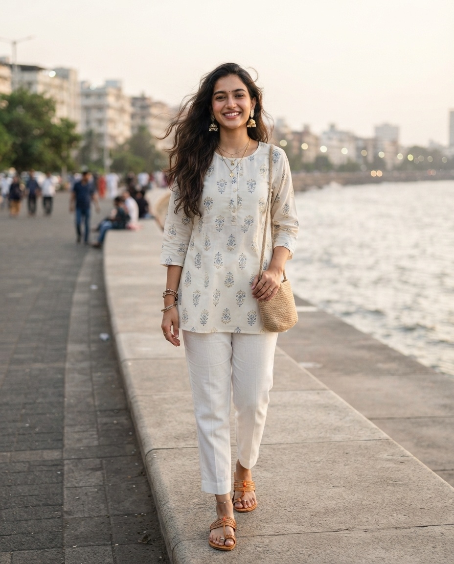 SKIPIKS AIファッション写真 — casual, bohemian — 柔らかなクリーム色のトーンが際立つルックで、自然なシルエットと快適な雰囲気が魅力的です。ラタンバッグとサンダルを合わせてボヘミアンな感性を引き立て、繊細なレイヤ