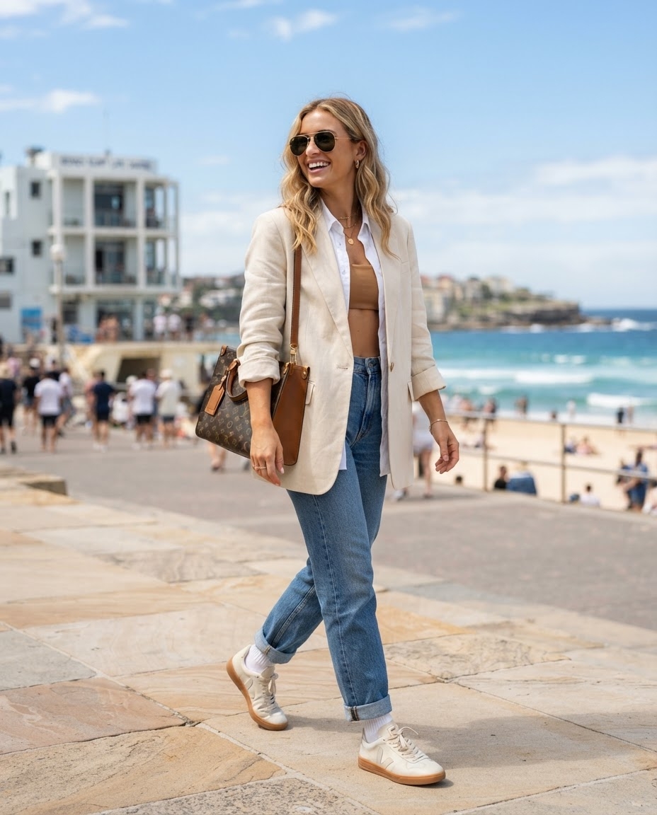 SKIPIKS AIファッション写真 — casual, chic, beachwear — 夏のビーチにぴったりの涼しげでカジュアルなスタイルです。ベージュのブレザーとジーンズを組み合わせて洗練されたムードを演出しましょう。快適なスニーカーと適度なサイ
