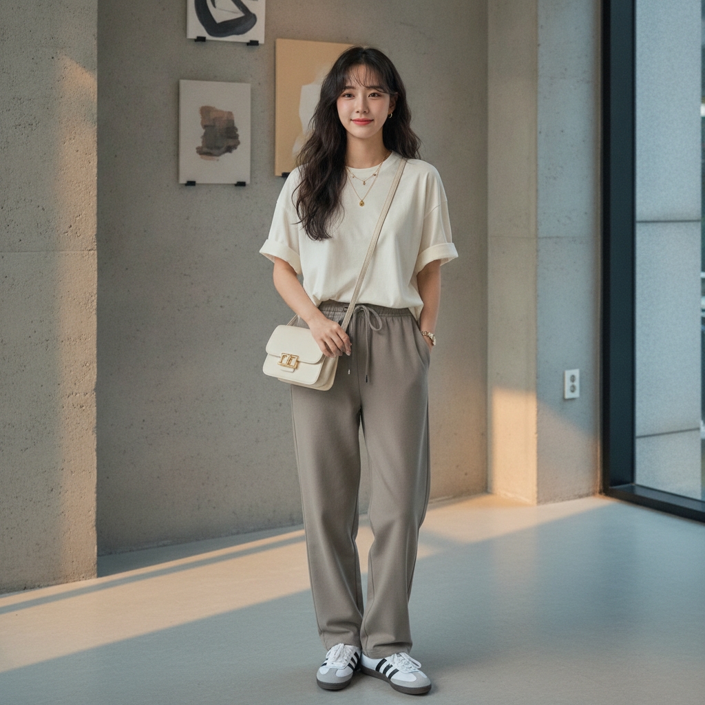 SKIPIKS AI时尚大片 — casual, minimalist — 这款极简休闲造型展现了舒适面料与柔和色调的和谐搭配。搭配象牙色T恤和卡其色宽松裤，营造出宽松的轮廓。我推荐这种风格，让你在日常生活中也能展现优雅气质。