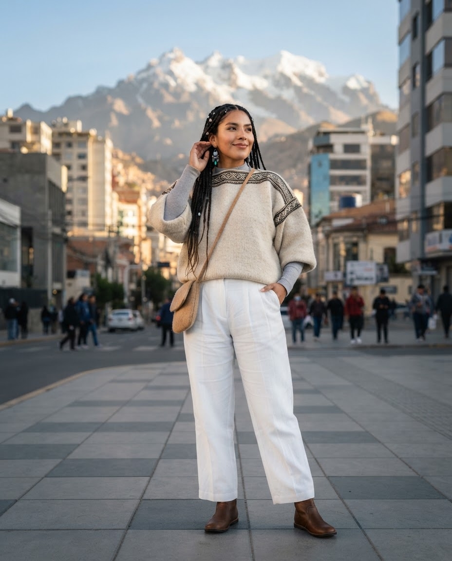SKIPIKS AI 패션 화보 — bohemian, casual — 따뜻한 색감의 니트 스웨터와 화이트 팬츠가 부드럽고 아늑한 가을 무드를 연출해요. 브라운 부츠와 크로스백으로 심플하면서도 세련된 룩을 완성해보세