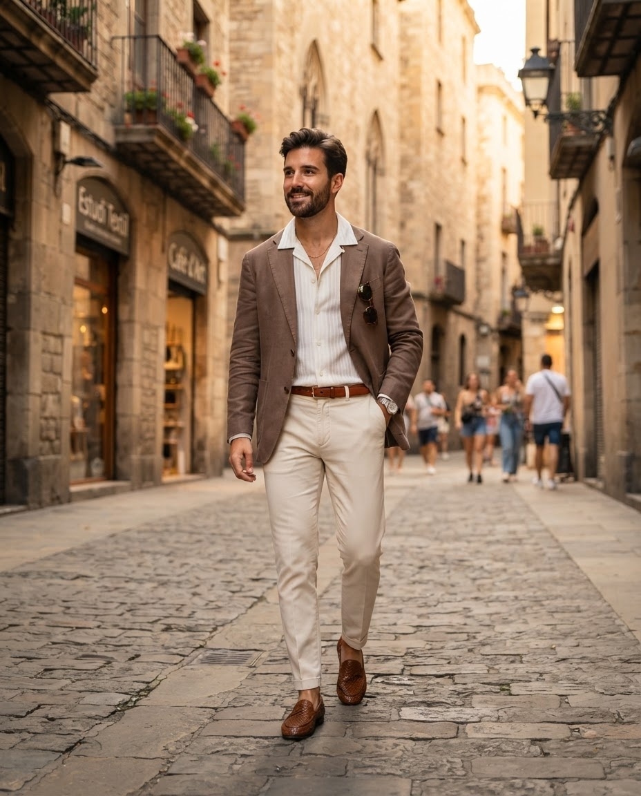 SKIPIKS AIファッション写真 — sophisticated, classy, modern — 魅力的なブラウンジャケットとクリーム色のパンツが組み合わさったクラシックなルックです。白いシャツが清潔感を加え、ブラウンのローファーが洗練された雰囲気を醸し出し
