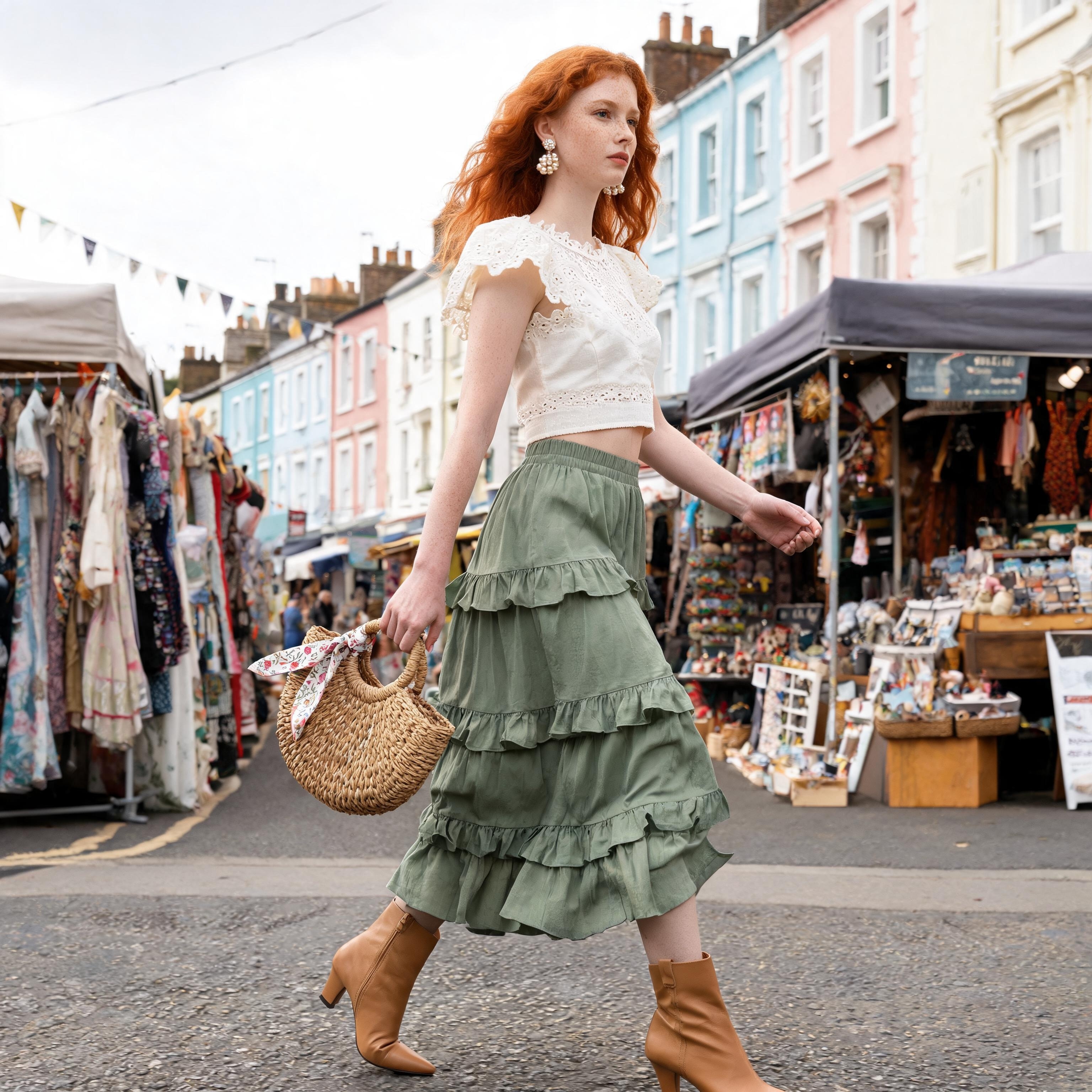 SKIPIKS AIファッション写真 — bohemian, vintage — 爽やかな夏を思わせるラッフルとクロシェの組み合わせが愛らしいムードを演出します。ラタンバッグを合わせてナチュラルな魅力をプラスしてみてください。週末のマーケット