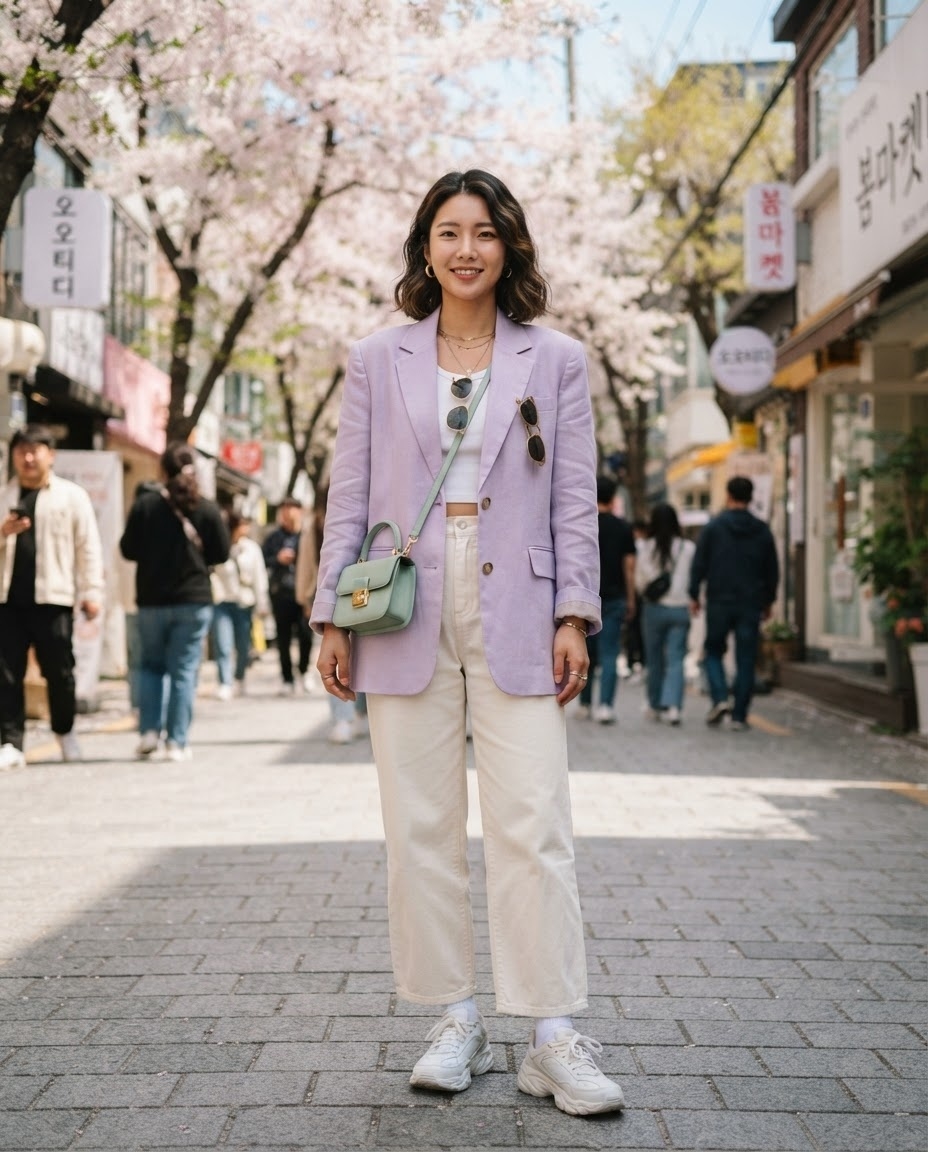 SKIPIKS AI fashion editorial — pastel, casual, feminine — This look features a pastel-toned blazer that adds a touch of spring brightness.