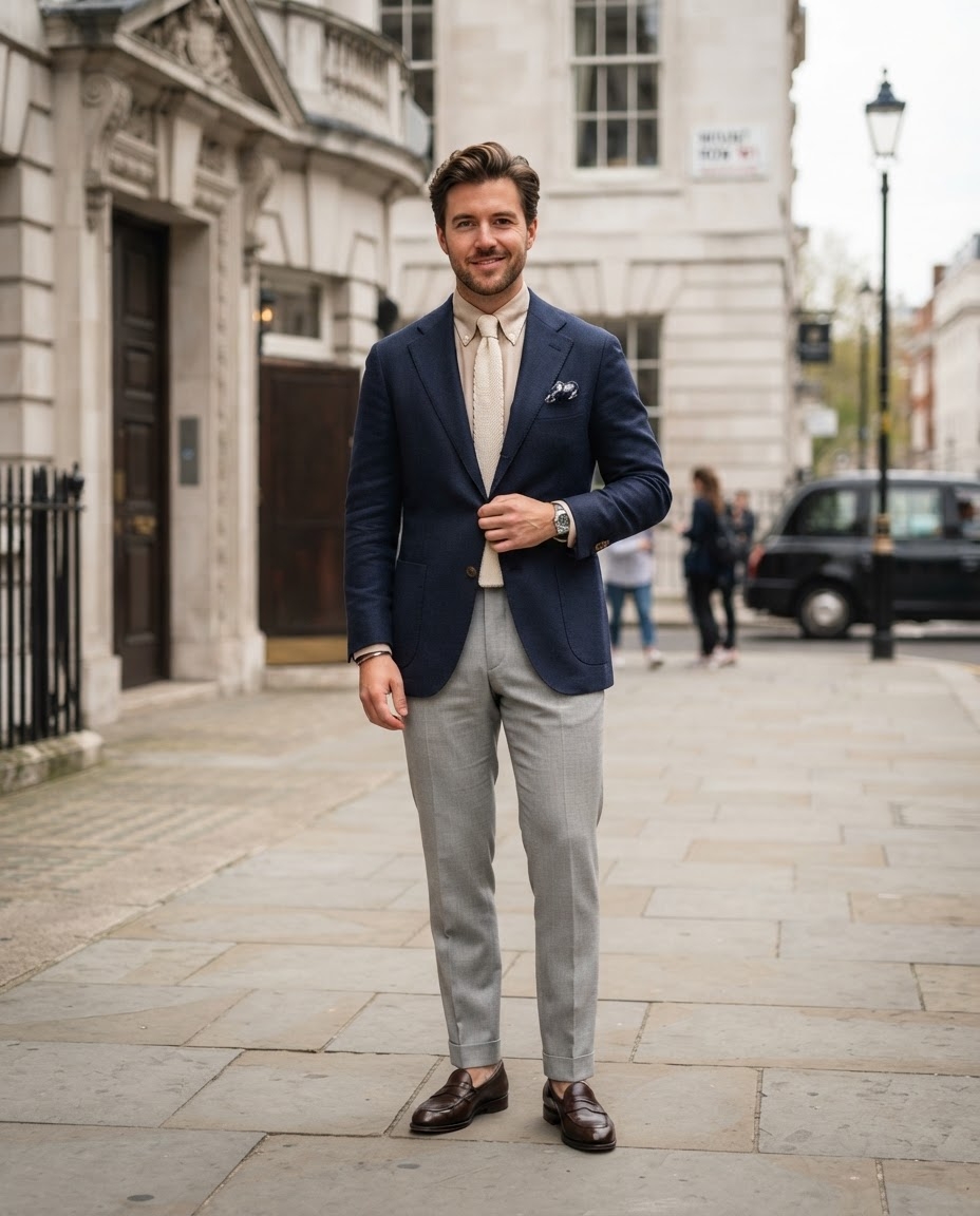 SKIPIKS AIファッション写真 — smart_casual, formal — ネイビーブレザーとベージュシャツの組み合わせは、優雅でありながら高級感のあるムードを演出します。ブレザーにフィット感のあるスラックスを合わせて、洗練されたビジネ