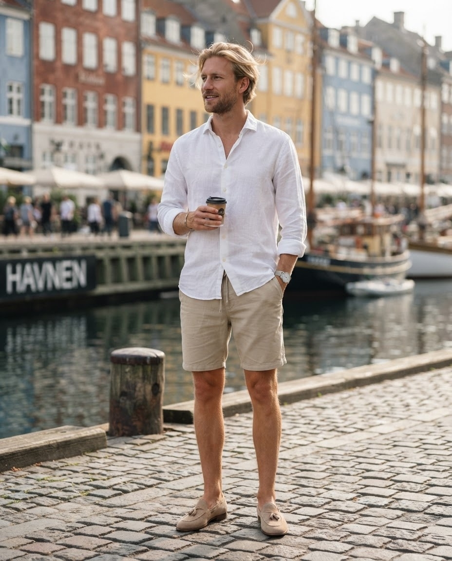 SKIPIKS AI fashion editorial — minimalist, classic — The combination of a crisp white shirt and beige shorts creates a chic summer vi