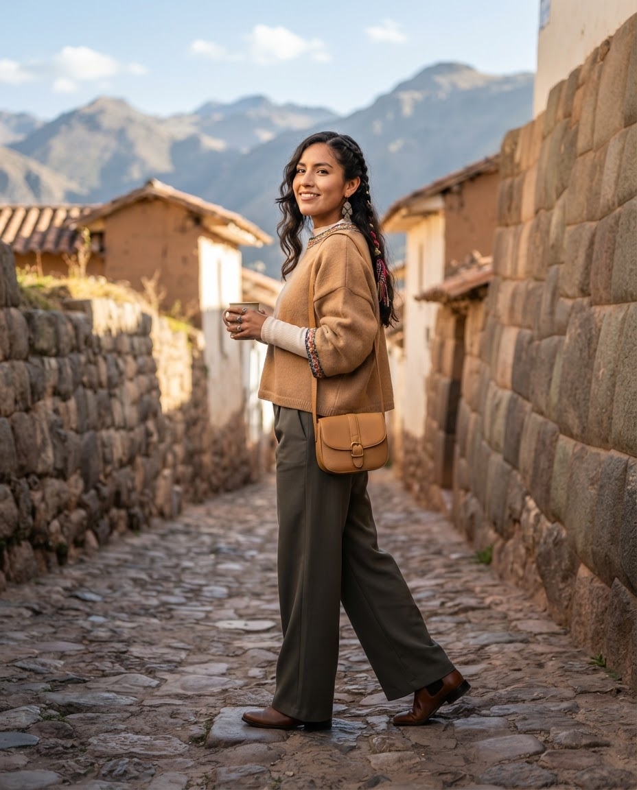 SKIPIKS AI 패션 화보 — casual, chic — 베이지 색상의 코트와 카키색 바지의 조화가 우아한 감성을 선사합니다. 가벼운 디테일의 크로스백과 로퍼로 편안하면서도 스타일리시한 룩이 완성됩니다