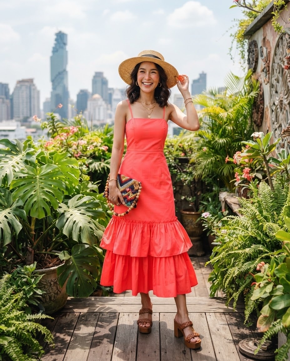 SKIPIKS AI fashion editorial — bohemian, feminine — This coral dress is a striking summer look. The necklace and straw hat add a nat