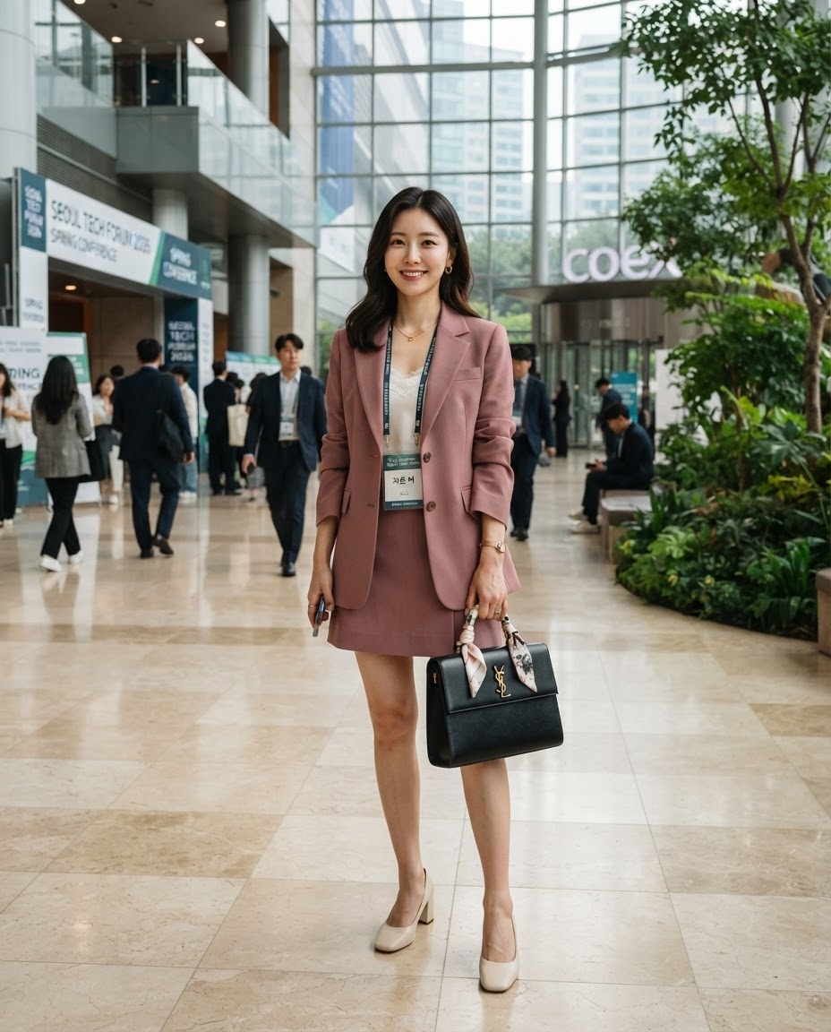 SKIPIKS AIファッション写真 — business_casual, chic, feminine — 洗練されたピンクのブレザーとミニスカートの組み合わせで、優雅でありながら爽やかなビジネスルックを完成させましょう。シンプルなホワイトブラウスが全体的にクリーンな