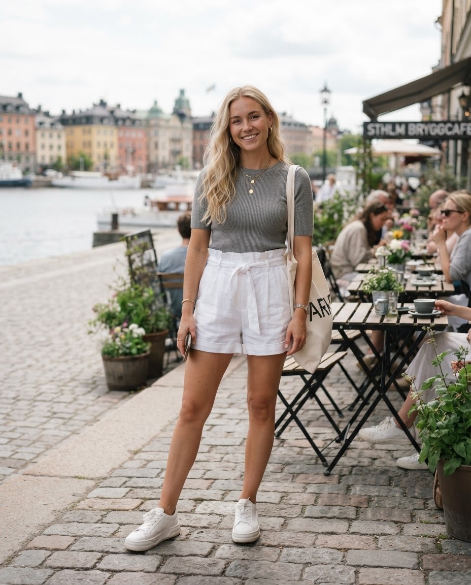 SKIPIKS AI fashion editorial — minimalist, casual — Create a sleek and modern vibe with a refined gray knit and white shorts. Add a 