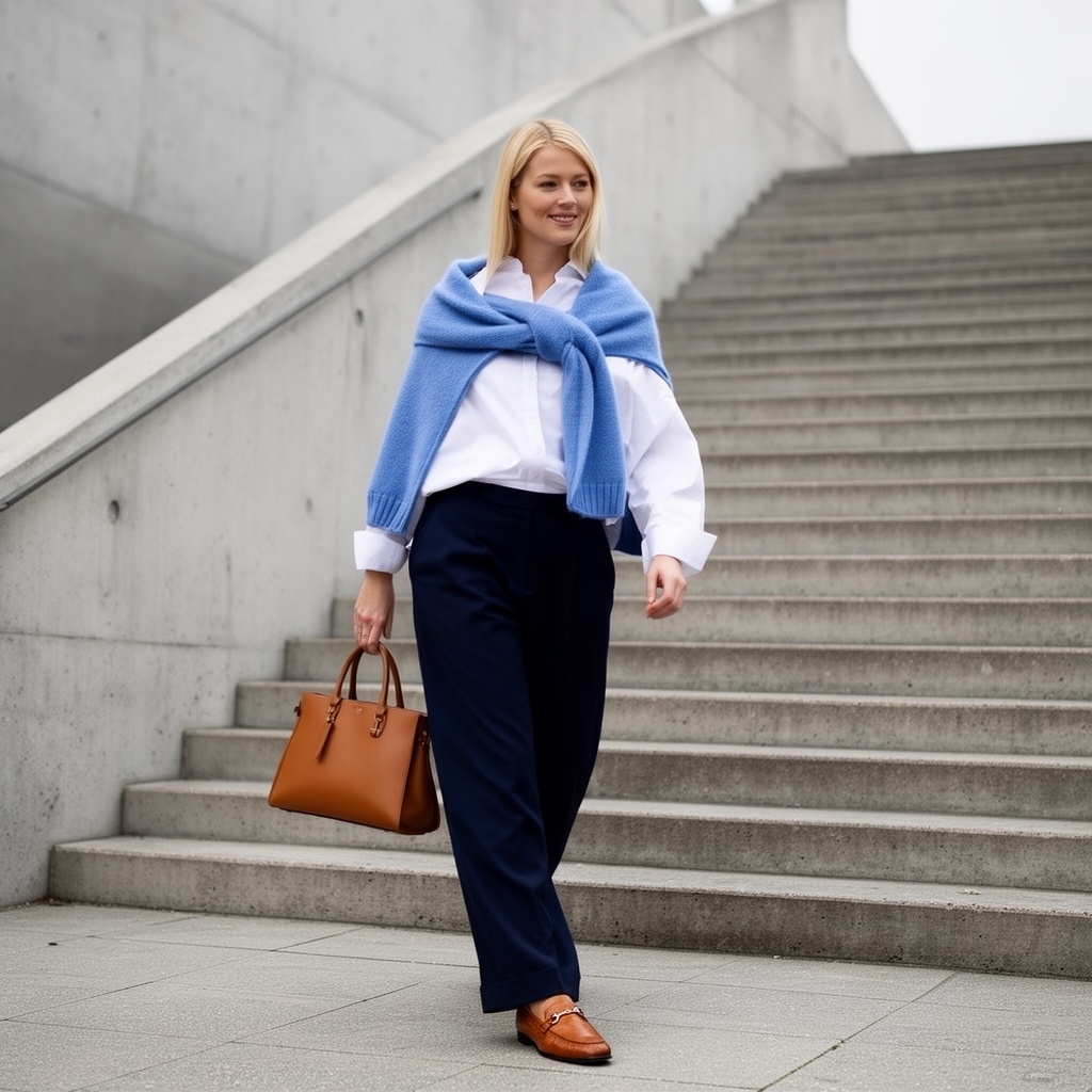 SKIPIKS AIファッション写真 — minimalist, preppy — 白いシャツに青いニットセーターを肩にかけて、洗練された雰囲気を演出しましょう。ネイビーのスラックスとブラウンのローファーを合わせて、落ち着いたモダンなルックを完