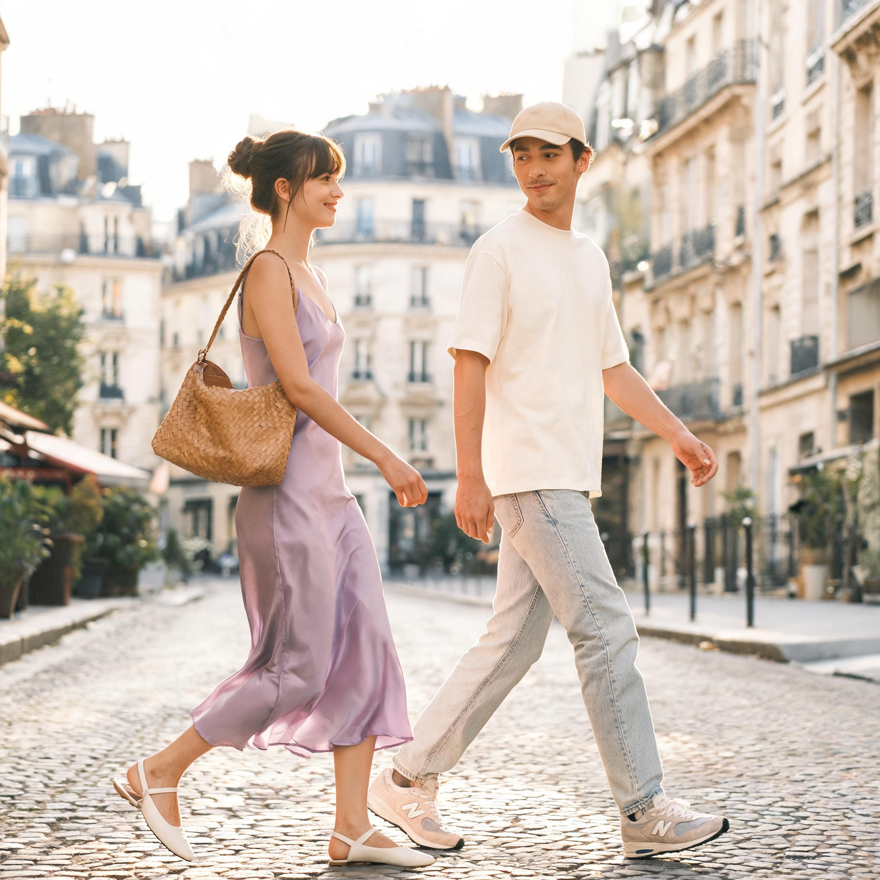 SKIPIKS AI fashion editorial — romantic, casual, minimalist — 보라색 슬립 드레스가 불어오는 여름 바람과 함께 우아하게 흔들립니다. 라탄 백과 슬링백 샌들로 편안하지만 세련된 느낌을 더해보세요. 데이트나 도