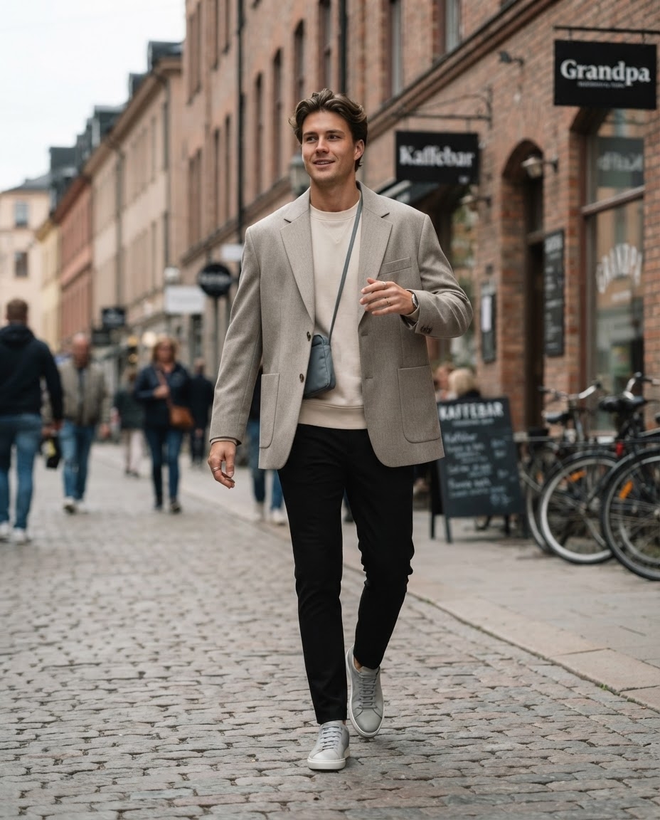 SKIPIKS AIファッション写真 — minimalist, streetwear — ベージュのブレザーとライトクリームのセーターが調和し、高級感のあるミニマルなルックを演出します。スラックスとグレーのスニーカーを合わせて、軽やかで洗練された雰囲