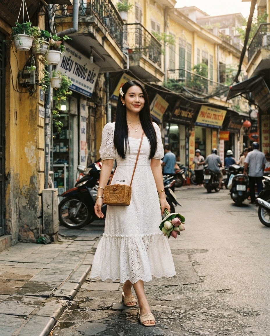 SKIPIKS AI 패션 화보 — romantic, vintage — 여름날의 감성적인 스타일로, 화이트 레이스 원피스가 로맨틱한 무드를 자아내요. 라탄 소재의 크로스백과 베이지 샌들이 자연스럽게 어우러져 빈티지한